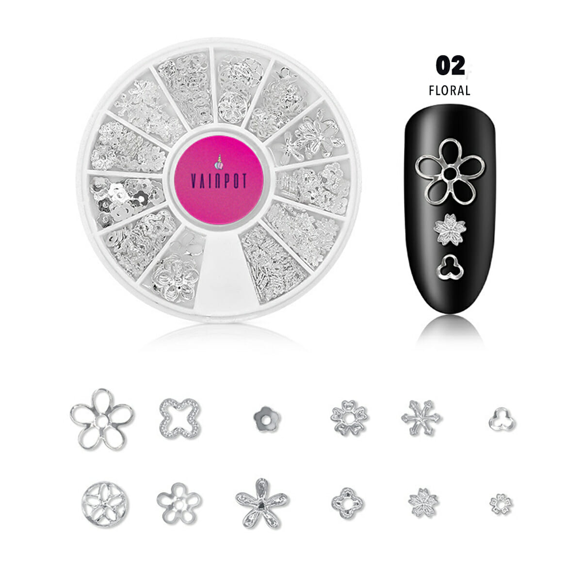 Mix Silver Metal Nail Art Studs in Floral