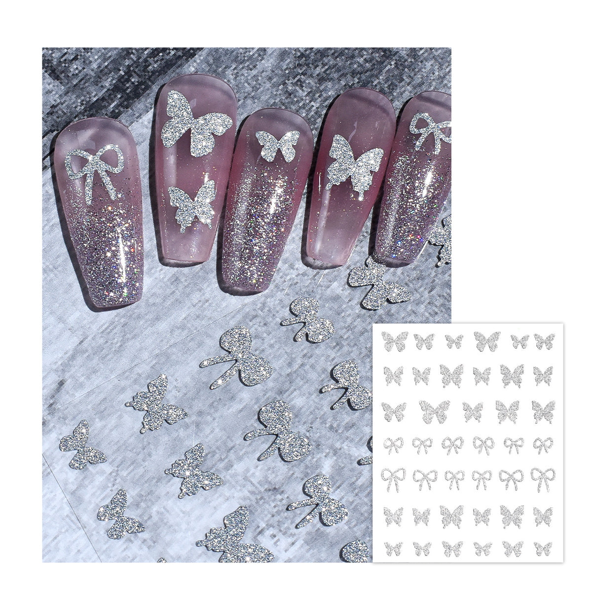 Silver Refractive Glitter Nail Stickers/ Bundle of 6